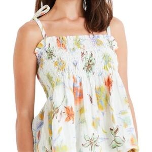 NWT Tanya Taylor Lei Smocked Shoulder-Tie Top In Lily Haze Floral Print 🌻